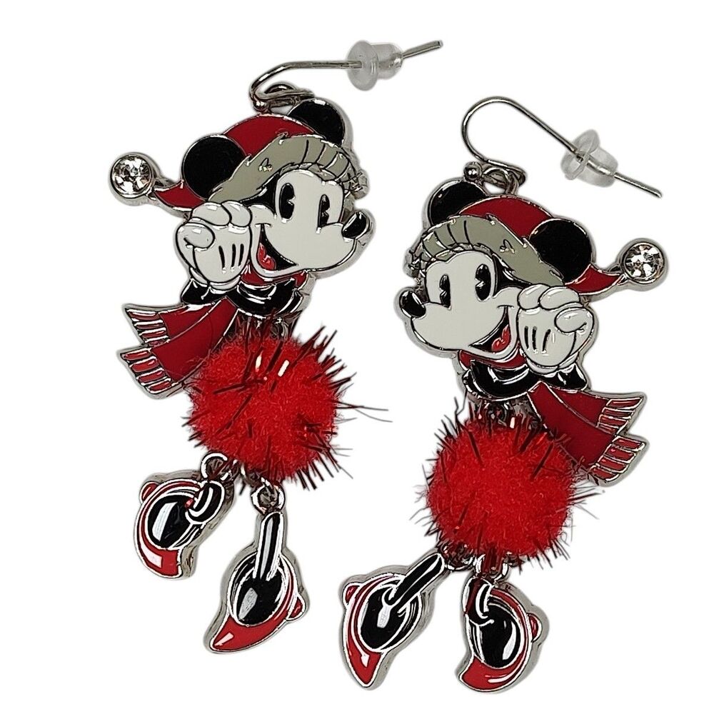 Disney Minnie Mouse Christmas Drop Dangle Multicolor Enamel Earrings Pom Pom